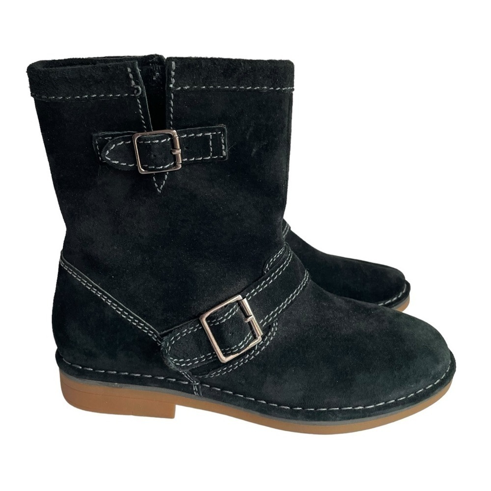 Hush Puppies Suede Booties Womens 7 Black Short Leather Buckle Side Zip VGUC